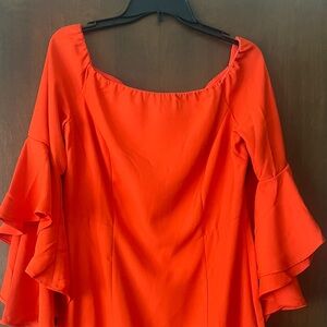 Elegant Orange Ruffle Off the shoulder Sleeve Dress